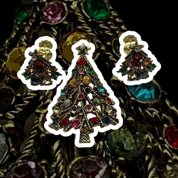 Hollycraft Vintage Christmas Tree Pin w/Matching Clip Earrings MCM Collectible - Picture 3 of 16